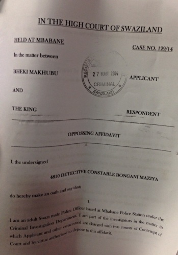 Front page of the Crown's affidavit opposing Bheki Makhubu's bail application